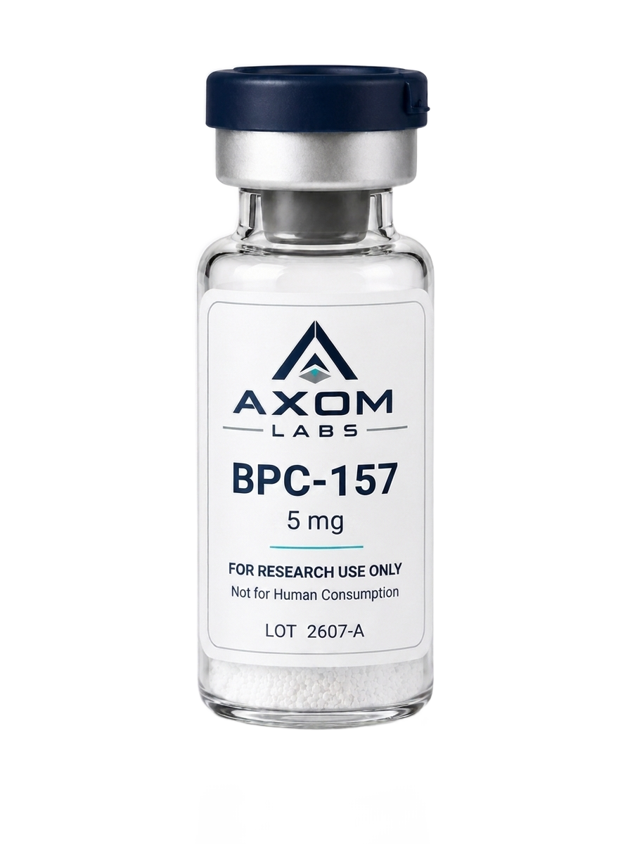 An Axom Labs BPC-157 5 mg research vial — lyophilized powder, navy flip-off cap, for research use only